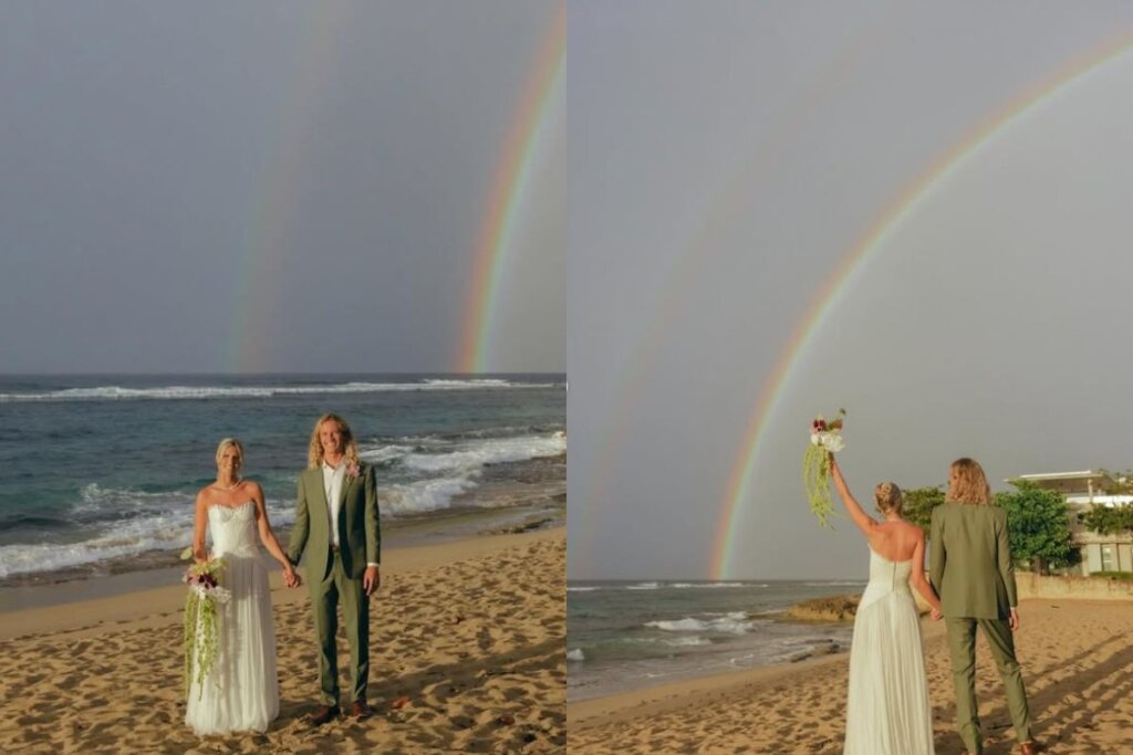 Plot Twist Divino! Casamento na Praia Vira Cenário de Cinema com Arco-Íris Duplo Após Temporal