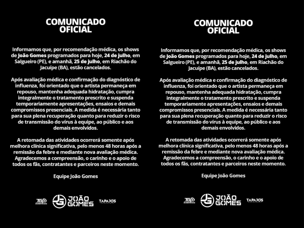 Susto! João Gomes é internado após diagnóstico e cancela shows; carinho da esposa.