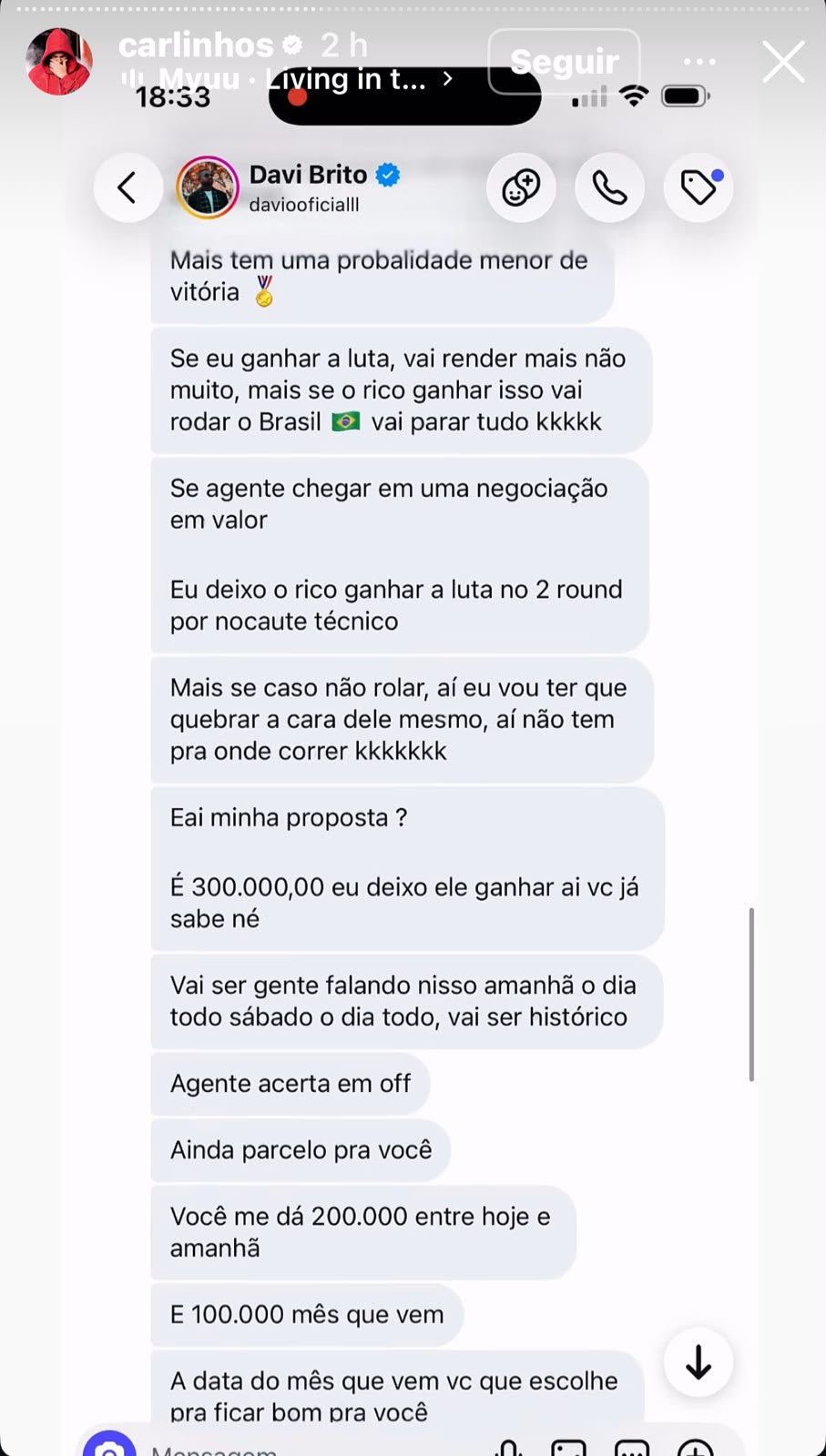 BAFO! Carlinhos Maia expõe prints de Davi cobrando R$ 300 mil para ‘perder’ luta contra Rico no ‘Rancho do Maia’!