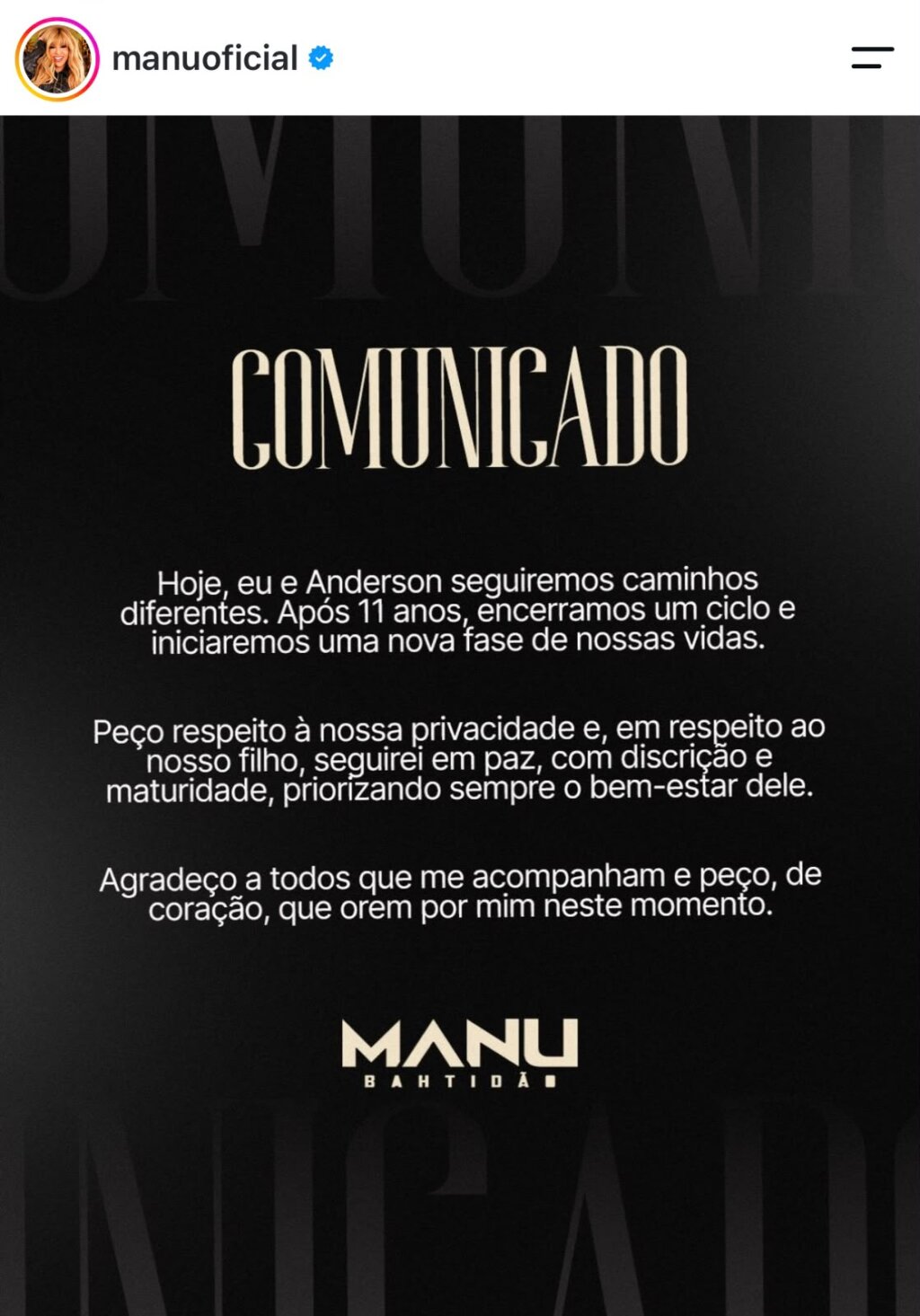 Separação! Manu Bahtidão Anuncia Fim de Casamento de 11 Anos: ‘Seguirei em Paz’